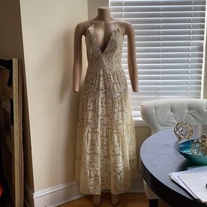 long white and gold gown w/ v neckline and straps